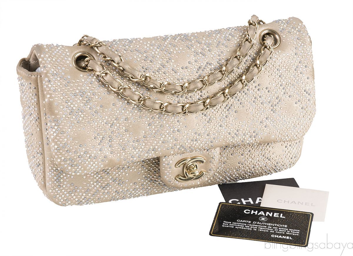 Crystal Bead Jewel Gold Medium Flap Bag